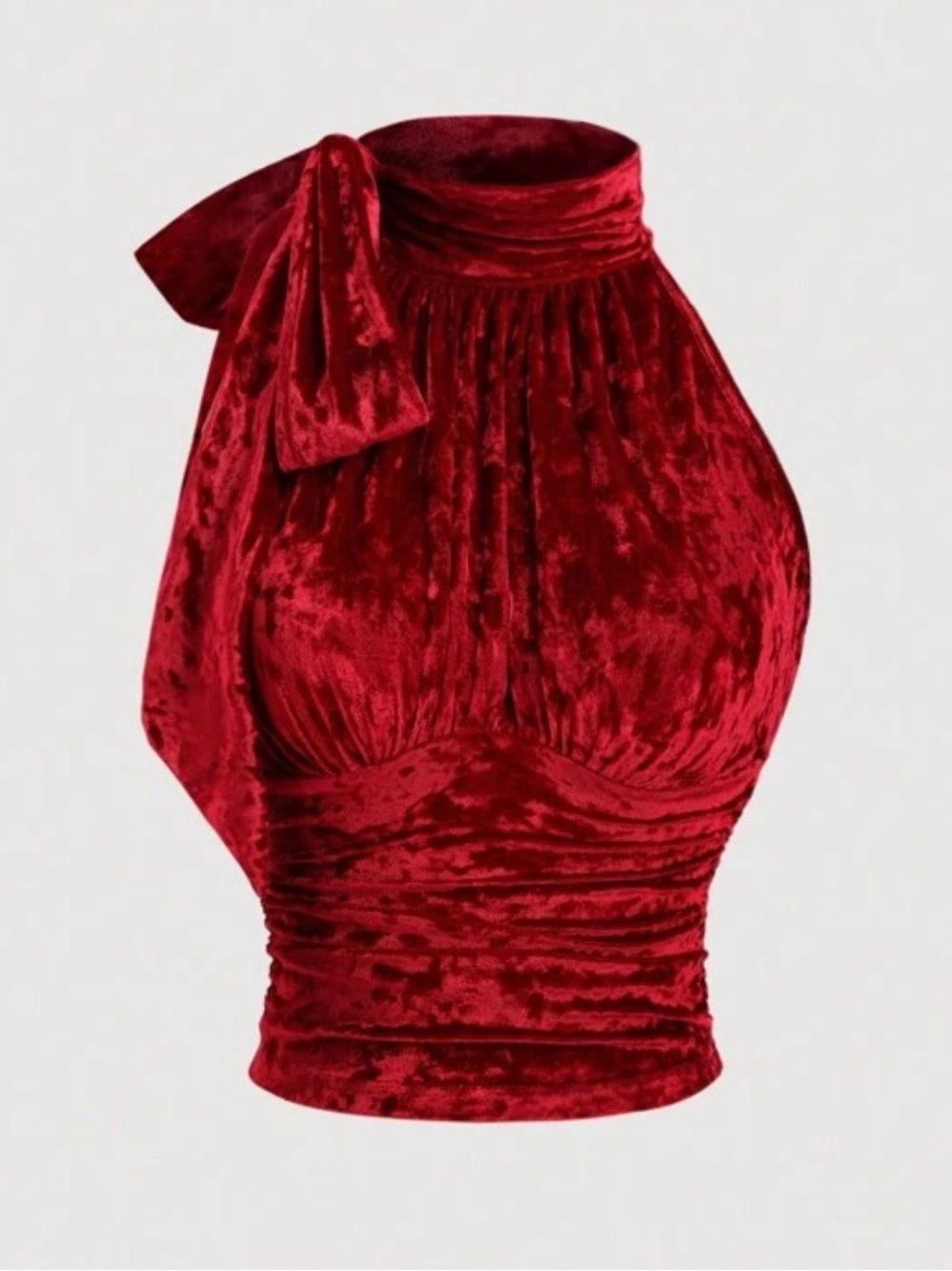 Red Velvet High Neck Tie-Neck Women's Top- S